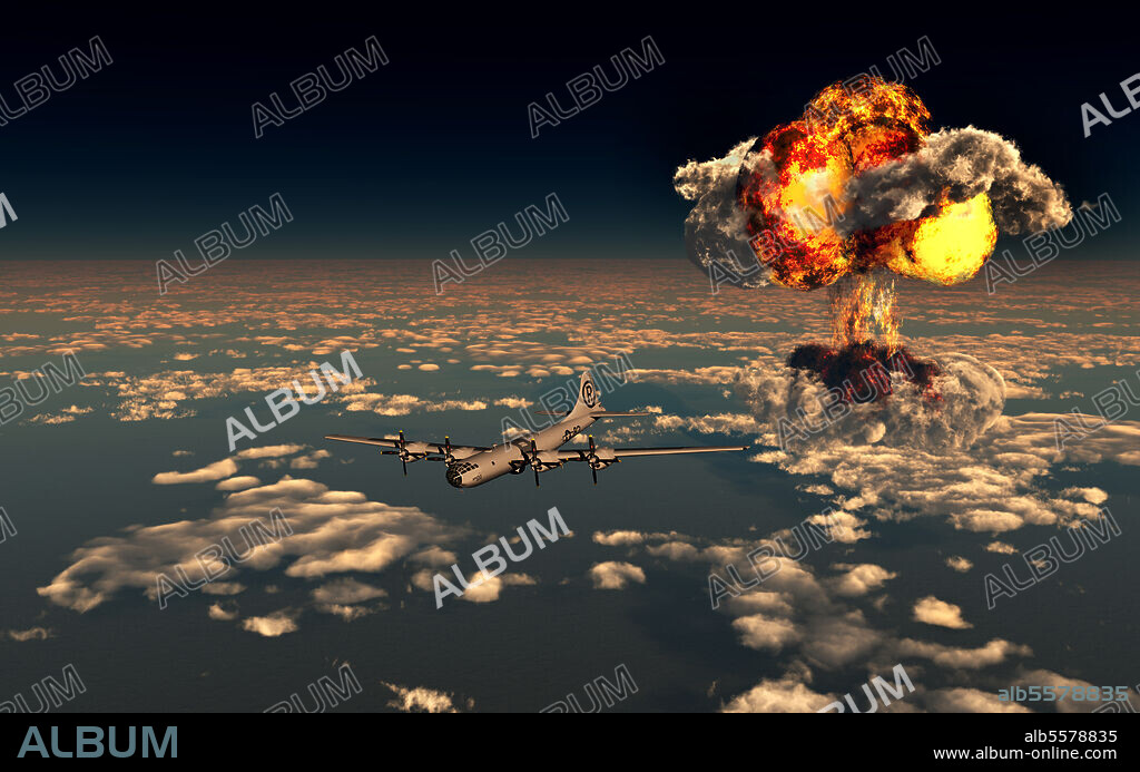 The Enola Gay B-29 Superfortress flying away from the giant mushroom cloud created by the explosion of the atomic bomb dropped over the Japanese city of Hiroshima during World War II.