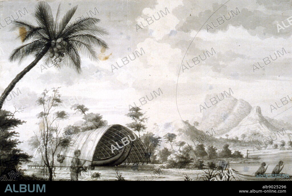 Village long hut in Tahiti by Sydney Parkinson (c. 1745 - 1771), by Sydney Parkinson (c. 1745 - 1771), a Scottish botanical illustrator and natural history artist. He was the first European artist to visit Australia, New Zealand and Tahiti. Parkinson was employed by Joseph Banks to travel with him on James Cook's first voyage to the Pacific in 1768, in HMS Endeavour.
