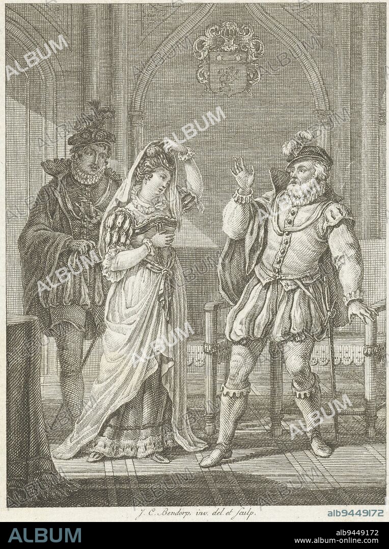 Man startled by woman taking off her veil Horst and Lina , print maker: Johannes Christiaan Bendorp, (mentioned on object), Johannes Christiaan Bendorp, (mentioned on object), publisher: Johannes Immerzeel, print maker: Netherlands, publisher: Rotterdam, 1776 - 1822 and/or 1822, paper, etching, h 106 mm × w 80 mm.