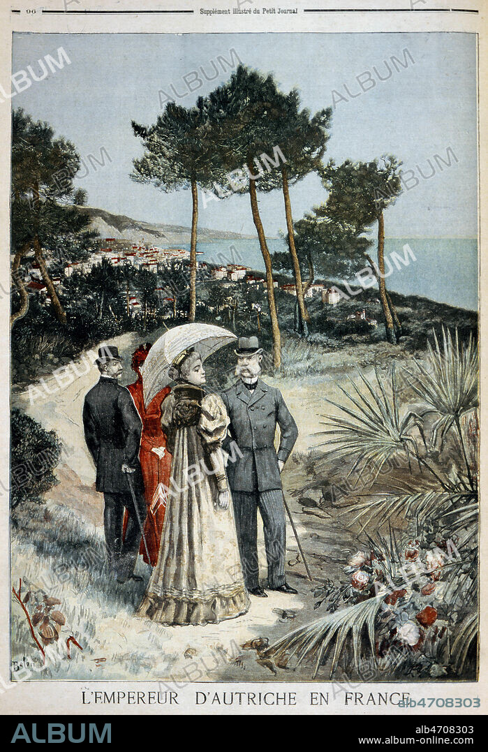 'L'Empereur d'Autriche en France'. Il est en villegiature aux environs de Nice. Illustration du Petit Journal vers 1900. Credit : Collection KHARBINE-TAPABOR.