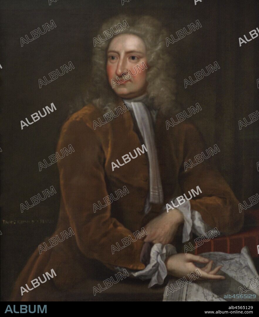 Edmond Halley (1656-1742). British astronomer and mathematician. Portrait attributed to Isaac Whood (1688-1752). Halley is depicted with a volume marked 'Newton' and a chart showing the path across southern England which he predicted for the total solar eclipse of May 3, 1715. Oil on canvas (93,3 x 78,7 cm), c. 1720. National Portrait Gallery. London, England, United Kingdom.