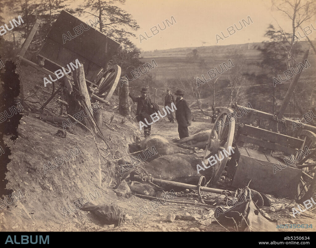 ANDREW JOSEPH RUSSELL. Scene of Battle, Fredericksburg, Virginia [Caissons Destroyed by Federal Shells], May 3, 1863. Albumen print.