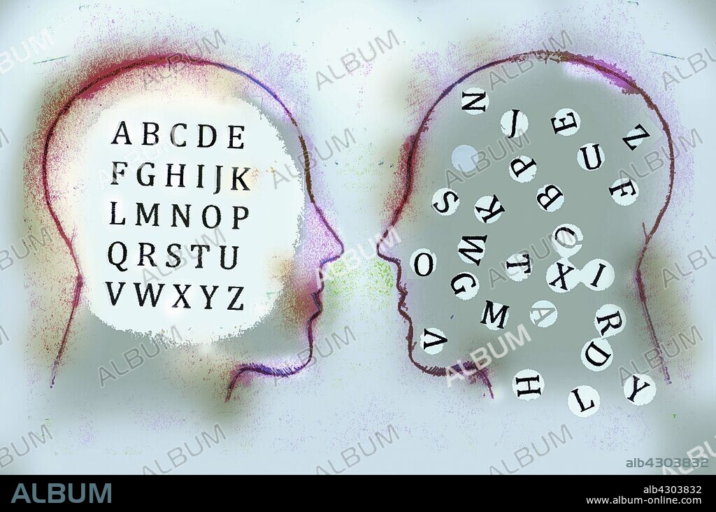Alphabet inside of men's heads face to face contrasting order and chaos.