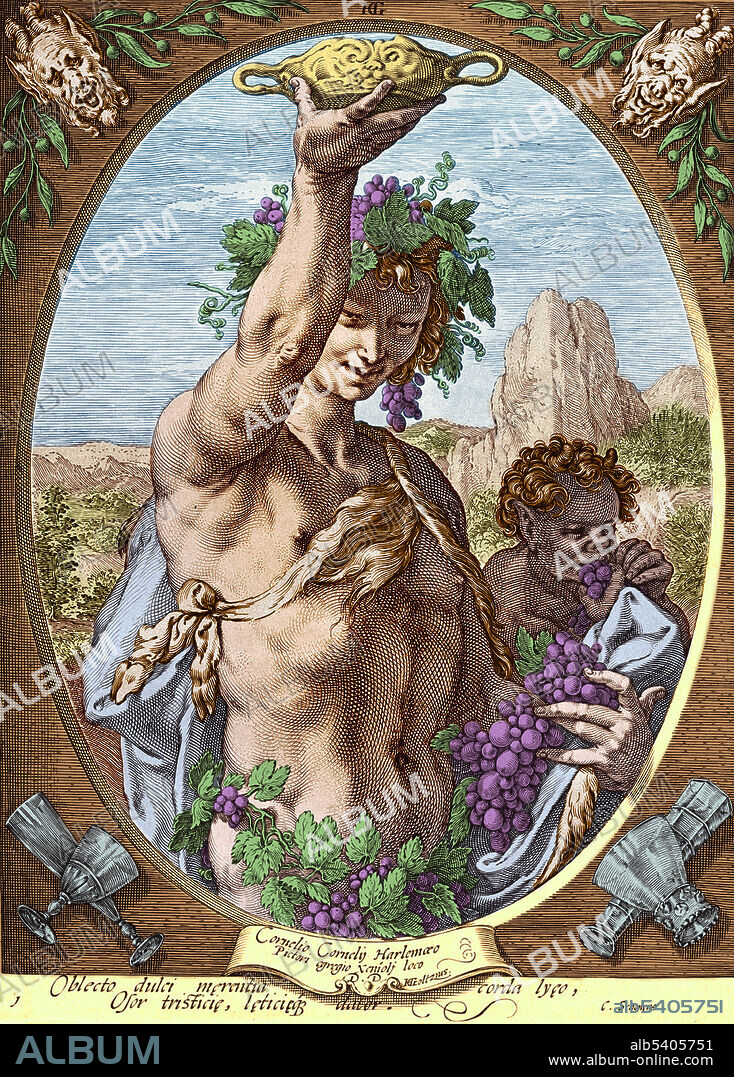 In Greek mythology, Dionysus was the god of the grape harvest, winemaking and wine, of ritual madness and ecstasy. Dionysus was the youngest and the only god to have a mortal mother. He was also known as Bacchus, the name adopted by the Romans and the frenzy he induces, bakkheia. Engraving by Hendrick Goltzius, 16th century.
