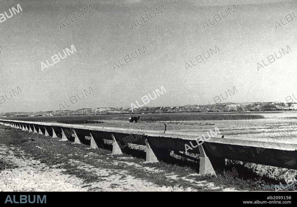 España. Castilla-La Mancha. Toledo. Acequia prefabricada en la red de riegos de la zona del Alberche. Fotografía, año 1950.