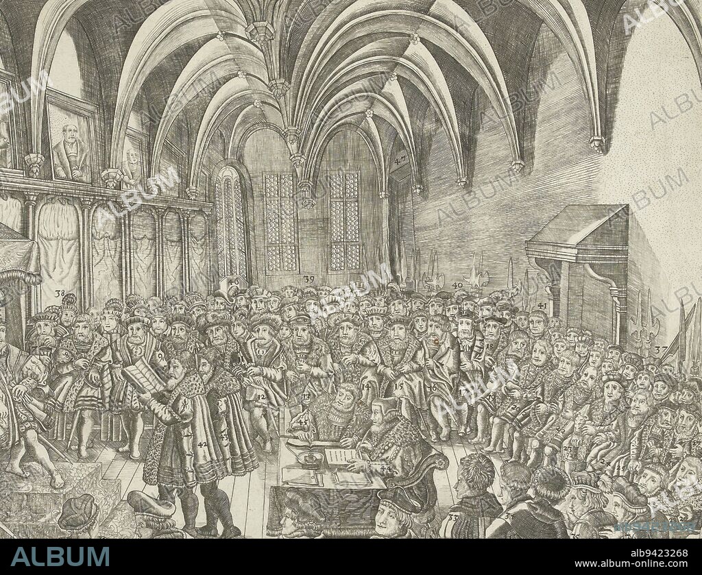 Reichstag of Augsburg, 25 June 1530. View of the hall with all present, on the left Charles V on his throne. Under the representation declaration of the numbers 1-47 with the names of the representatives, Reichstag of Augsburg, 1530 True and Eygenlycke image of the high-level meeting held in 1530 on the 25th of June at the bishop's palace within the city of Augsborch., print maker: Hendrick Lodewyck, (mentioned on object), publisher: Carel Allard, (mentioned on object), Northern Netherlands, 1634, paper, engraving, h 414 mm × w 478 mm.