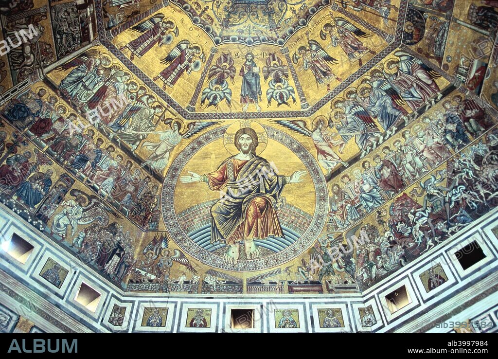 Mosaic ceiling, Baptistry of St John, Florence, Italy. The Baptistry of St John (Battistero di San Giovanni) is thought to be the oldest building in Florence, dating from the 6th or 7th century. The basilica's magnificent ceiling mosaics were produced in the 13th century. This detail shows the figure of Christ in Judgement, which is over 8 metres high. Amongst the surrounding scenes is a depiction of the terrors of Hell (lower right) which is believed to have inspired Dante Alighieri when he wrote his 'Divine Comedy'.
