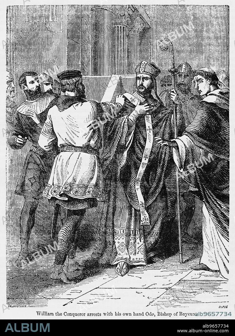 William the Conqueror arrests with his own hand Odo, Bishop of Bayeux, Illustration from John Cassell's Illustrated History of England, Vol. I from the earliest period to the reign of Edward the Fourth, Cassell, Petter and Galpin, 1857.
