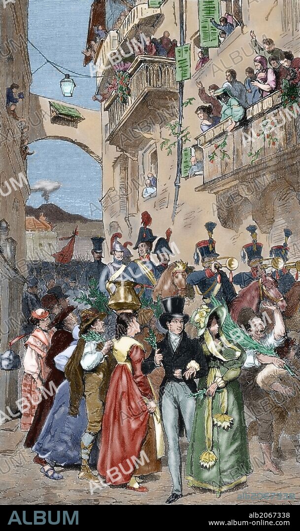 REVOLUCIONES LIBERALES (AÑO 1820). 'EL RISORGIMENTO'. Tras los movimientos liberales insurreccionales de julio de 1820 en Nápoles y Sicilia, las potencias de la Santa Alianza intervinieron, enviando las tropas austríacas. 'ENTRADA DE LAS TROPAS AUSTRIACAS EN NAPOLES'. Grabado coloreado del siglo XIX.