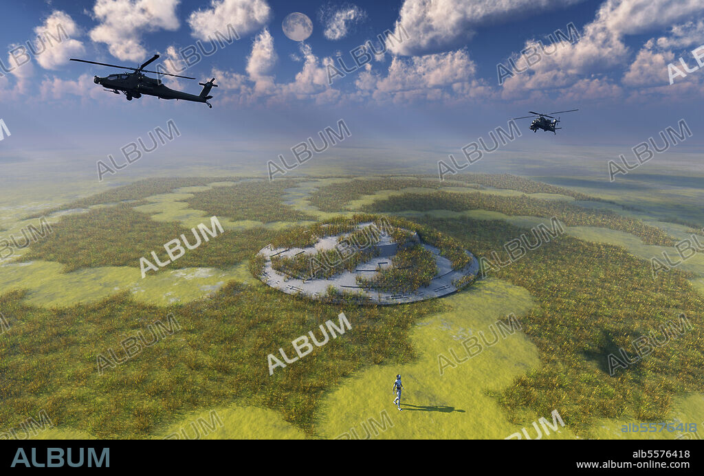 AH-64 Apache Black Ops helicopters flying around a crop circle, which has a UFO at its center, and a crewmember walking around the site.