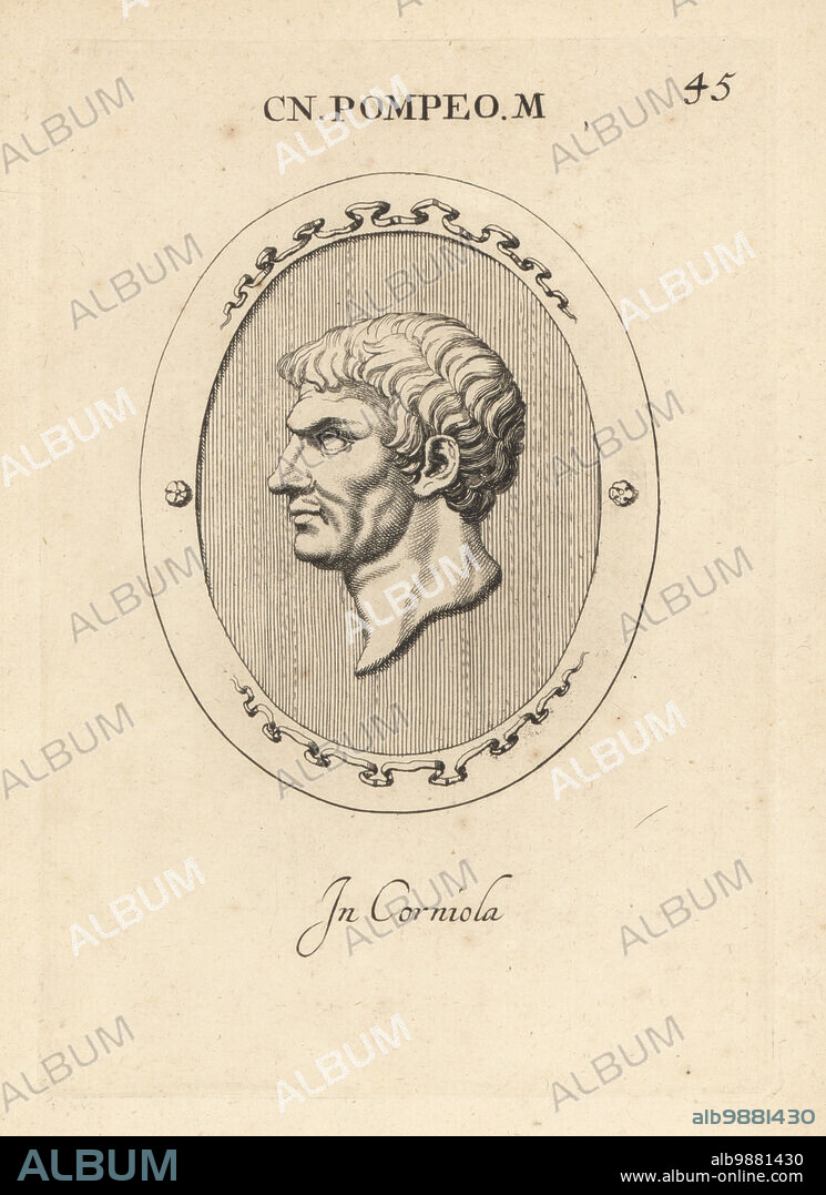 Bust of Gnaeus Pompeius Magnus or Pompey the Great, a leading Roman general and statesman, 106 BC 48 BC. In carnelian. Cn Pompeo M. In corniola. Copperplate engraving by Giovanni Battista Galestruzzi after Leonardo Agostini from Gemmae et Sculpturae Antiquae Depicti ab Leonardo Augustino Senesi, Abraham Blooteling, Amsterdam, 1685.