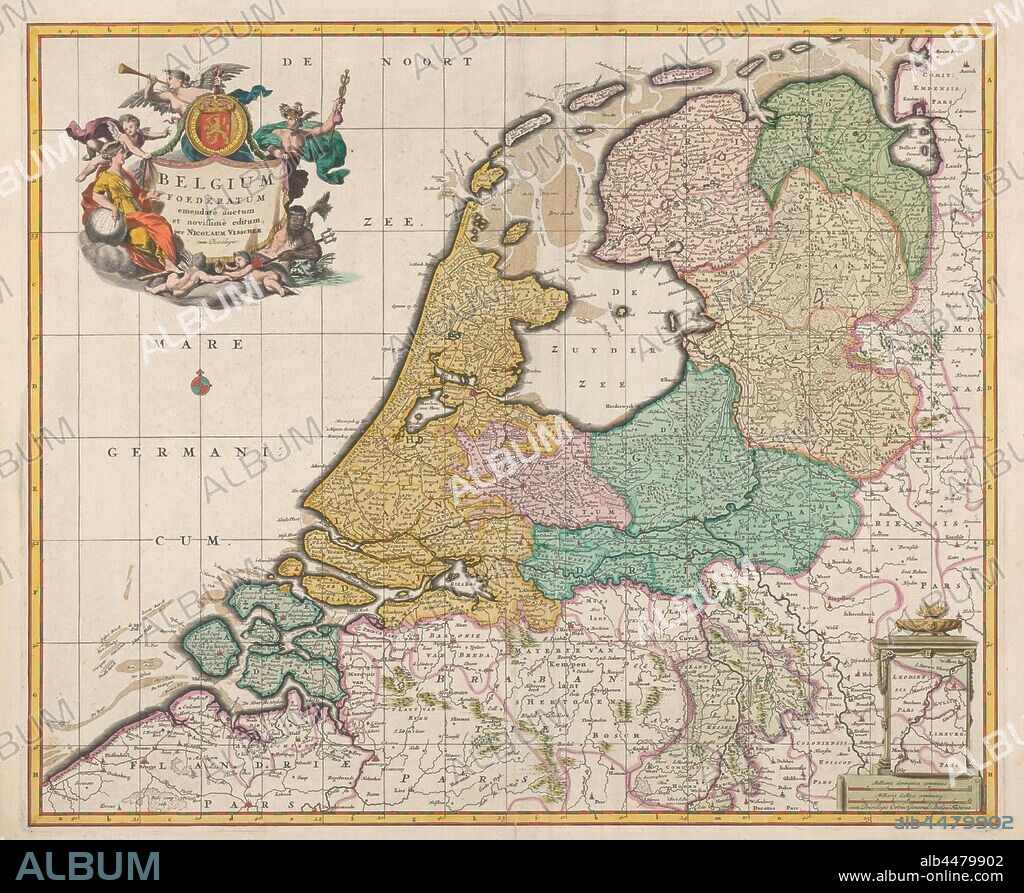 Map of the Republic of the Seven United Netherlands, Belgium Foederatum emendate auctum et novissime editum (title on object), Map of the Republic. Bottom right a bet with an additional map of the course of the Maas from Maastricht to Wessem. Above left a cartouche with the title surrounded by putti, a trumpet-blowing angel, Mercury, Neptune and a woman with a globe. Above the inscription the angel holds a round shield with the arms of the Netherlands. Bottom right is a dish with lion heads on a pedestal. Fire beats from the bowl. The scale is also shown below the base once in German and once in French miles. In the base: map from Maastricht to Wessem. Inscription, Maastricht, Dutch Republic, Nicolaes Visscher (I) (mentioned on object), Amsterdam, 1677 - 1679, paper, watercolor (paint), engraving, l 46.6 cm × w 56.5 cm.
