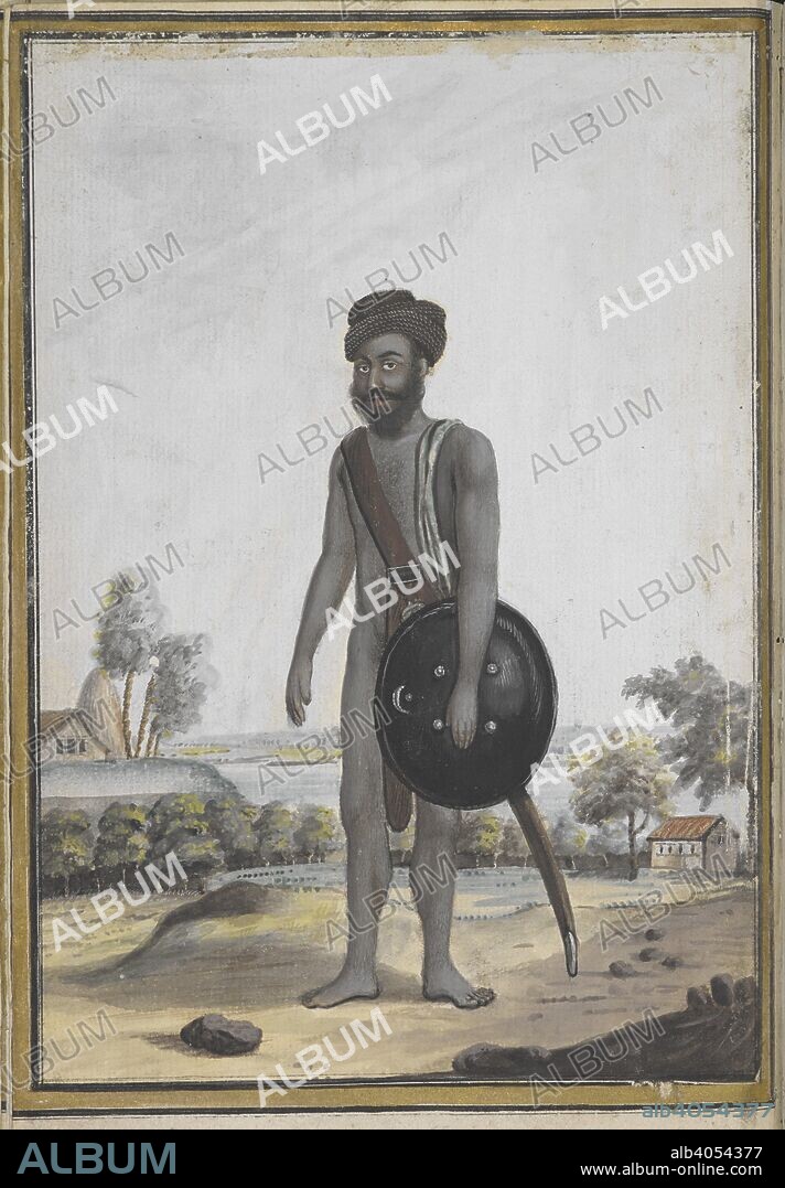 A member of the Sanjuki sect. Members of this sect were not allowed to wear cloths. They covered their bodies with ash and carried weapons. A painting from a nineteenth century manuscript of Fuqara'-i Hind, a text describing the different Hindu religious sects. Fuqara'-i Hind. early 19th century.    . Source: I.O. ISLAMIC 4777, f.71. Language: Persian.