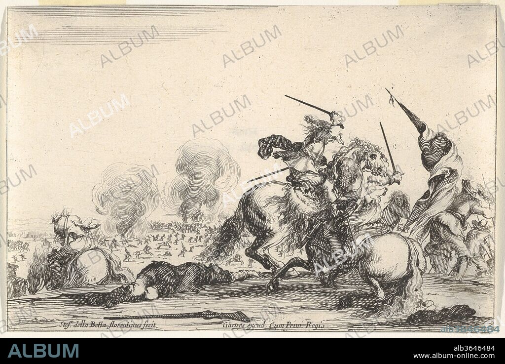 A skirmish, two horsemen battling with swords to the right, men carrying a flag running away towards the right, a dead man on the ground and a horseman seen from behind to the left, from 'Varie figure'. Artist: Stefano della Bella (Italian, Florence 1610-1664 Florence). Dimensions: Sheet: 4 1/8 x 6 1/8 in. (10.4 x 15.5 cm). Publisher: François Langlois (French, baptized Chartres, 1588-1647 Paris). Series/Portfolio: 'Varie figure'. Date: ca. 1645.