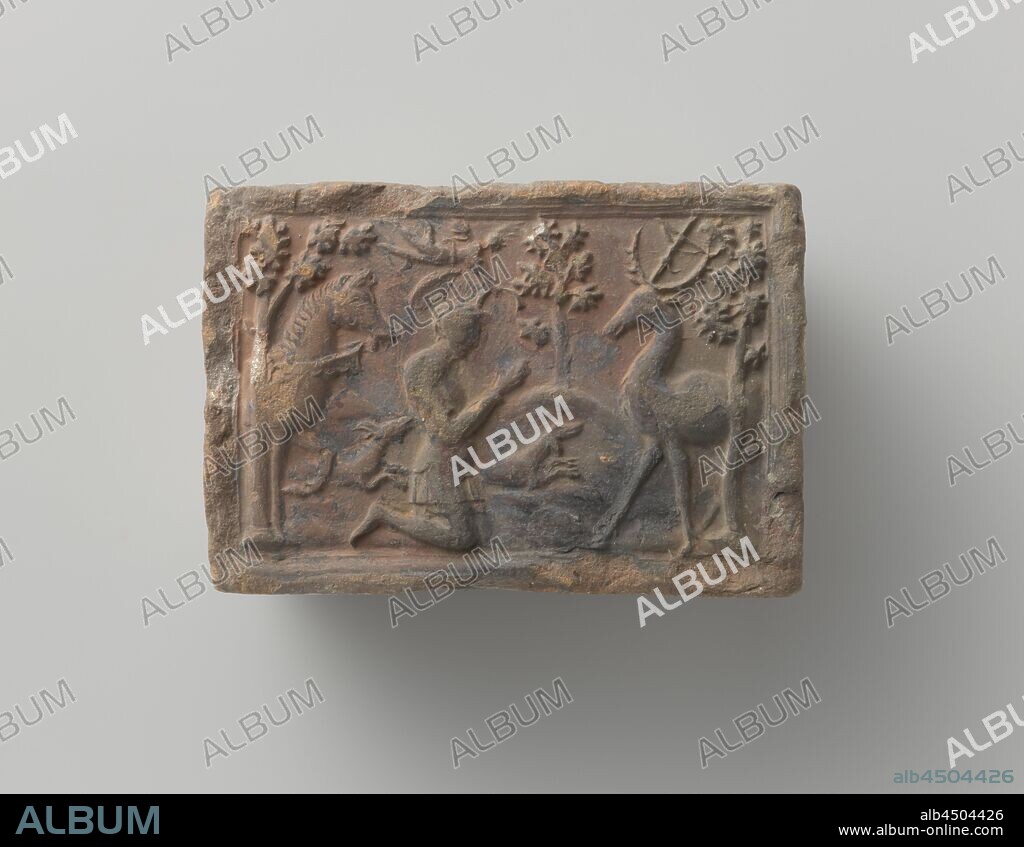 Fire brick with image, Fire brick. 'St. Hubert and the deer '., anonymous, Southern Netherlands, c. 1400 - c. 1950, earthenware, h 9.5 cm × w 14.5 cm × t 7.5 cm.