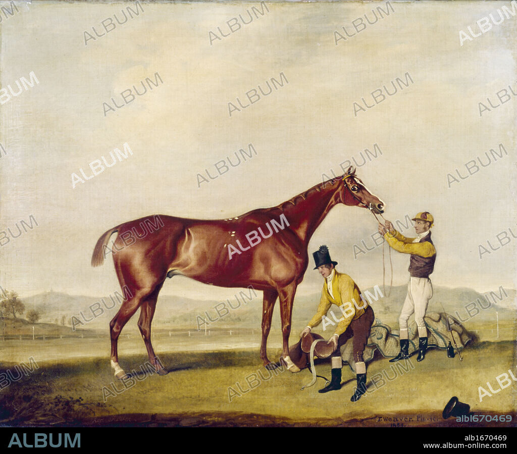 THOMAS WEAVER. Red Rover with Jockey and Groom, S.D. 1833, Weaver,  Thomas (1774-1843/British).