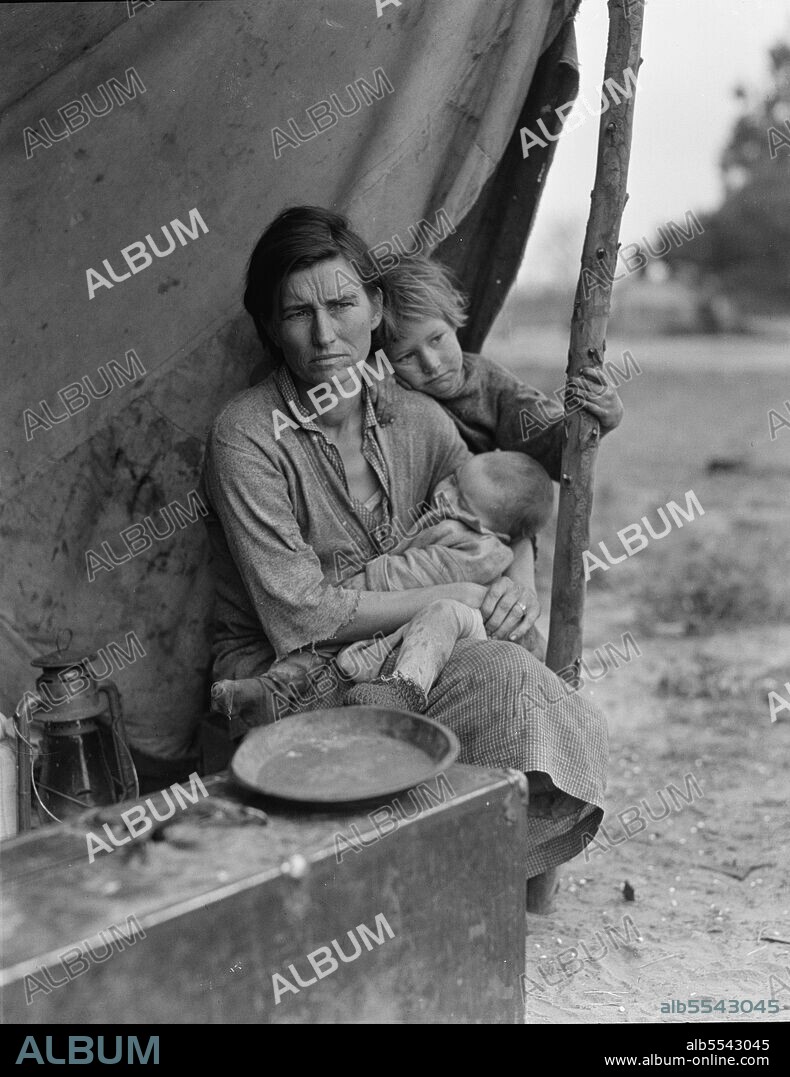 DOROTHEA LANGE. Migrant agricultural worker's family. Seven children without food. Mother aged thirty-two. Father is a native Californian. Nipomo, California.