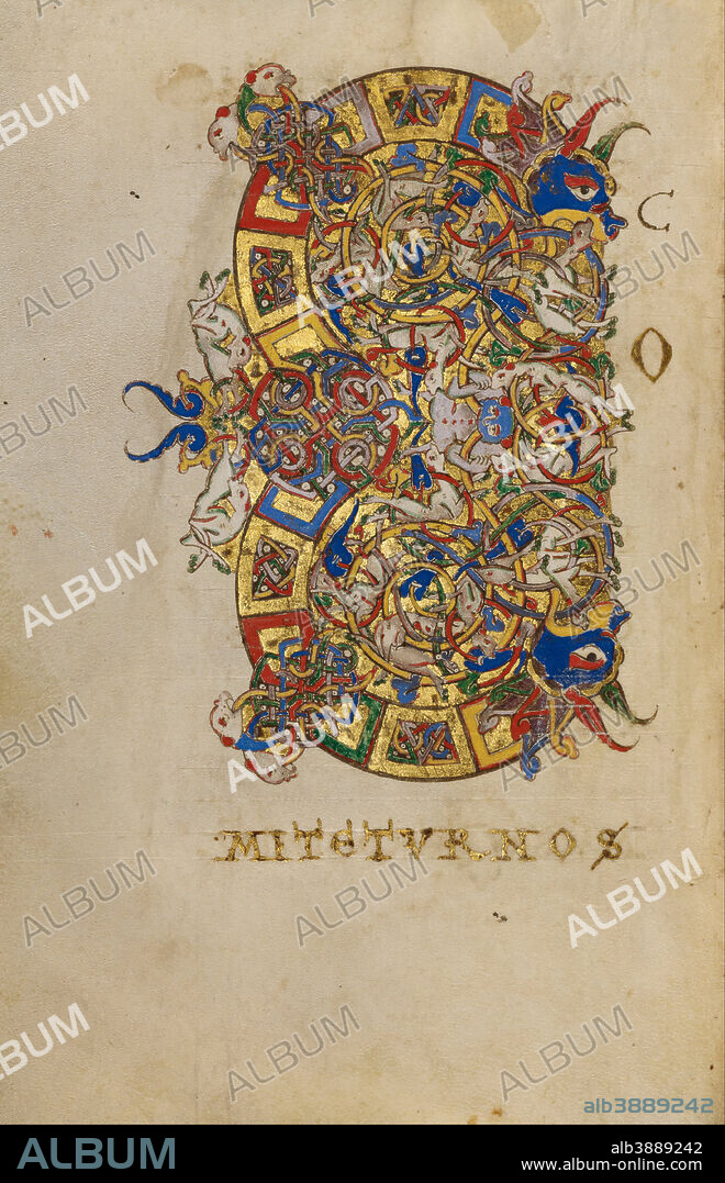 UNKNOWN. Inhabited Initial C. Date/Period: 1153. Folio. Tempera colors, gold leaf, gold paint, and ink on parchment. Height: 192 mm (7.55 in); Width: 132 mm (5.19 in).