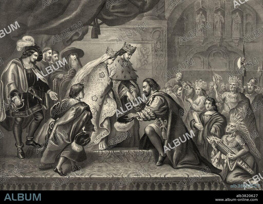 Lithograph entitled: "Columbus reception by the King Ferdinand and Queen Isabella of Spain after his first return from America." Christopher Columbus (October 30 or 31, 1451 - May 20, 1506) was an Italian explorer, colonizer, and navigator. He completed four voyages across the Atlantic Ocean that led to European awareness of the American continents. During his first voyage in 1492, instead of reaching Japan, he landed in the Bahamas archipelago, which he named San Salvador. Over the course of three more voyages, he visited the Greater and Lesser Antilles, the Caribbean coast of Colombia and Venezuela, claiming them for the Spanish Empire. His efforts to establish permanent settlements in the island of Hispaniola, started Spanish colonization, which foreshadowed the general European colonization of the "New World". Though Columbus was not the first European explorer to reach the Americas, his voyages led to the first lasting European contact with the Americas, inaugurating a period of European exploration, conquest, and colonization that lasted for several centuries.