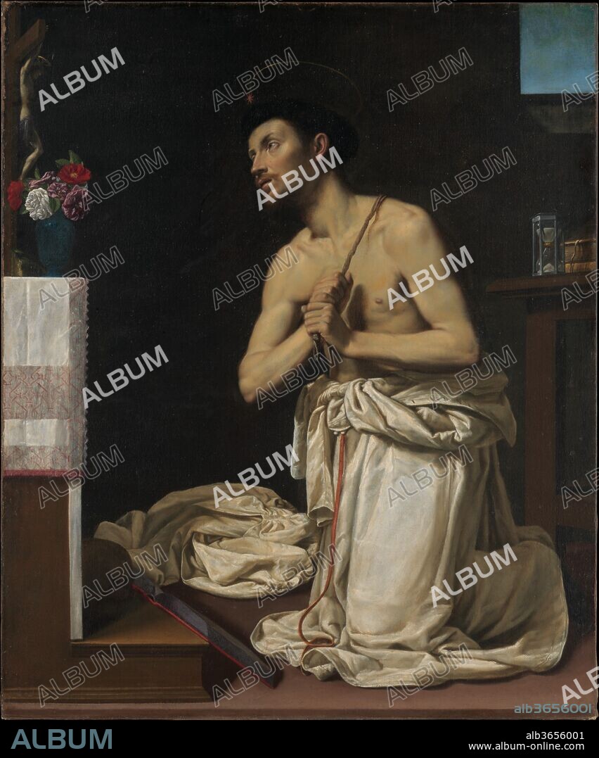 Saint Dominic in Penitence. Artist: Filippo Tarchiani (Italian, Castello 1576-1645 Florence). Dimensions: 52 x 43 in. (132.1 x 109.2 cm). Date: ca. 1607.
The thirteenth-century founder of the Dominican order is shown flagellating himself before an altar, his gaze fixed on a crucifix. The kneeling saint, painted in a muted, naturalistic style, is set against a geometric grid defined by the architecture and ecclesiastical furnishings. Although trained in the academic tradition of late-sixteenth-century Florentine art, Tarchiani made two prolonged visits to Rome where he studied the work of Caravaggio and Orazio Gentileschi. Between 1615 and 1616 he was employed on the same project as Orazio's famous daughter, Artemisia Gentileschi, who arrived in Florence in 1613.