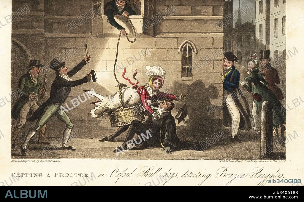 Student attempting to smuggle a woman in a basket into his rooms at college. Capping a Proctor, or Oxford Bulldogs detecting Brazen Smugglers. Handcoloured copperplate drawn and engraved by Robert Cruikshank from The English Spy, London, 1825. Written by Bernard Blackmantle, a pseudonym for Charles Molloy Westmacott.