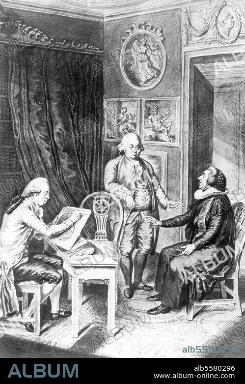 ANDREAS STÖTTRUP. Bach, Carl Philipp Emanuel Musiker u. Komponist, 1714-1788. "Carl Philipp Emanuel Bach, Pastor Sturm und der Künstler". Lavierte Federzeichnung, 1784, von Andreas Stöttrup (1754-1811). Hamburg, Kunsthalle.