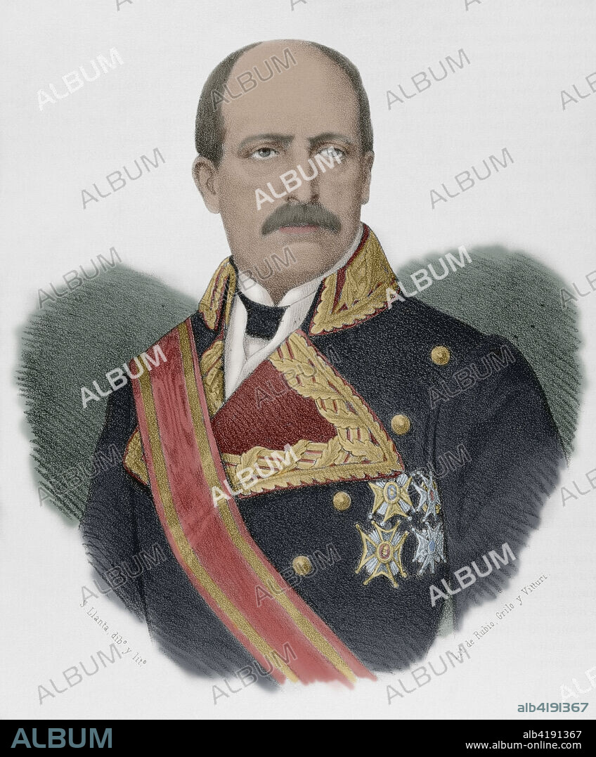 SANTIAGO LLANTA (FL. 1866-1872). FRENCH LITHOGRAPHER WHO WORKED IN SPAIN.. Francisco Serrano y Domínguez (1810-1885). Duque de la Torre y conde consorte de San Antonio. Militar y político español. Regente del reino, presidente del Consejo de Ministros y último presidente del Poder Ejecutivo de la Primera República Española (1873-1874). Retrato. Dibujo por Llanta. Litografía. Coloreada. Crónica General de España, Historia Ilustrada y Descriptiva de sus Provincias. Andalucía, 1869.