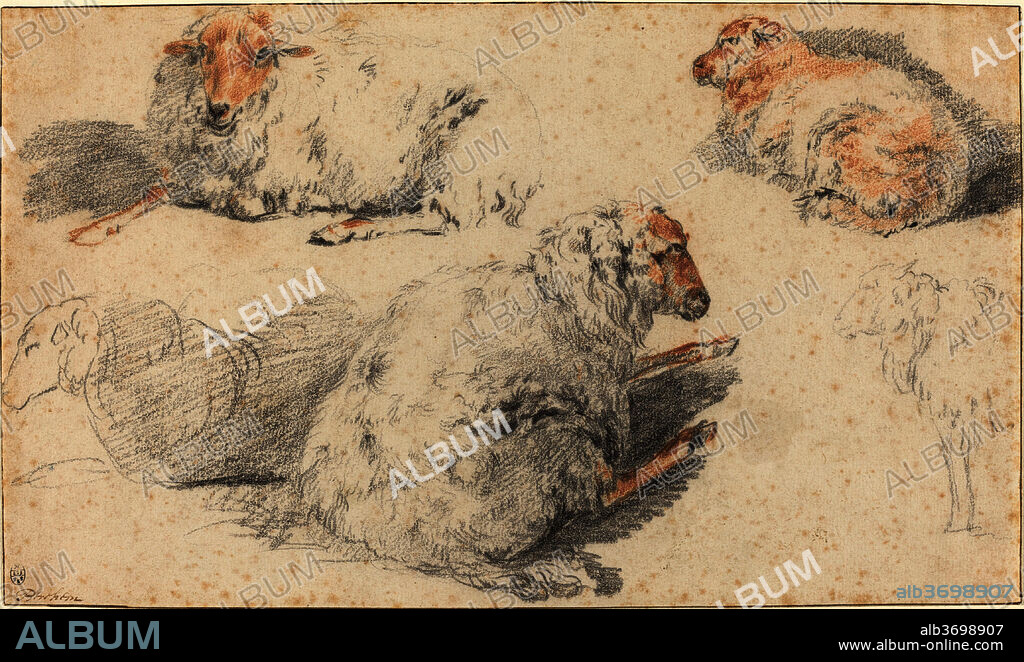 NICOLAES PIETERSZ BERCHEM. Sheep. Dimensions: overall: 15 x 25.5 cm (5 7/8 x 10 1/16 in.). Medium: black and red chalk (possibly crayon).