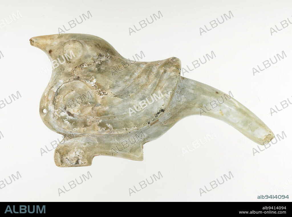 Pendant in the Form of a Bird, 1100-771 BCE, 7/8 x 1 3/4 x 3/16 in. (2.22 x 4.45 x 0.48 cm), Pale grey-green jade, partially calcified, China, 11th-8th century BCE.