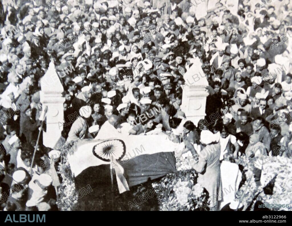 Funeral of Mohandas Karamchand Gandhi after he was assassinated in the garden of Birla House, on 30 January 1948. Gandhi (1869 – 1948), was the  preeminent leader of the Indian independence movement in British-ruled India. Employing nonviolent civil disobedience, Gandhi led India to independence and inspired movements for civil rights and freedom across the world.