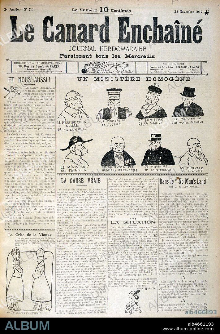 'Un ministere homogene', Georges CLEMENCEAU (1841-1929) deguise en differents ministres, caricature par Henry Paul GASSIER (1883-1951) in Le Canard Enchaine, 1917. Credit : Coll. Dixmier/KHARBINE-TAPABOR.