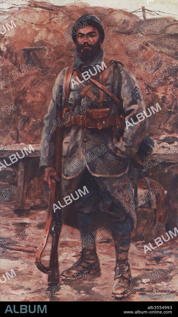 Primera guerra mundial (1914-1918). Poilu, sobrenombre del argot militar para referirse a los soldados franceses de infantería de la primera guerra mundial procedentes en su mayoría del medio rural. Grabado de 1916.