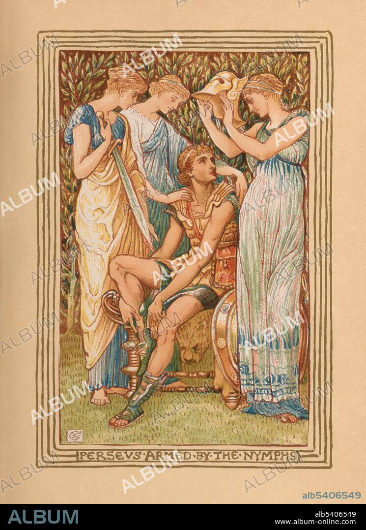Perseus armed by the Nymphs. The Hesperides are the nymphs of evening and golden light of sunset. From the Hesperides he received a knapsack (kibisis) to safely contain Medusa's head. Zeus gave him an adamantine sword and Hades' helm of darkness to hide. Hermes lent Perseus winged sandals to fly, and Athena gave him a polished shield. Perseus then proceeded to the Gorgons' cave. Nathaniel Hawthorne (July 4, 1804, May 19, 1864) was an American novelist, dark romantic, and short story writer. His, A Wonder-Book for Girls and Boys, first published in 1851, is a children's book in which he retells several Greek myths. Walter Crane (August 15, 1845, March 14, 1915) was an English artist and book illustrator. Printed at the Riverside Press, 1893.