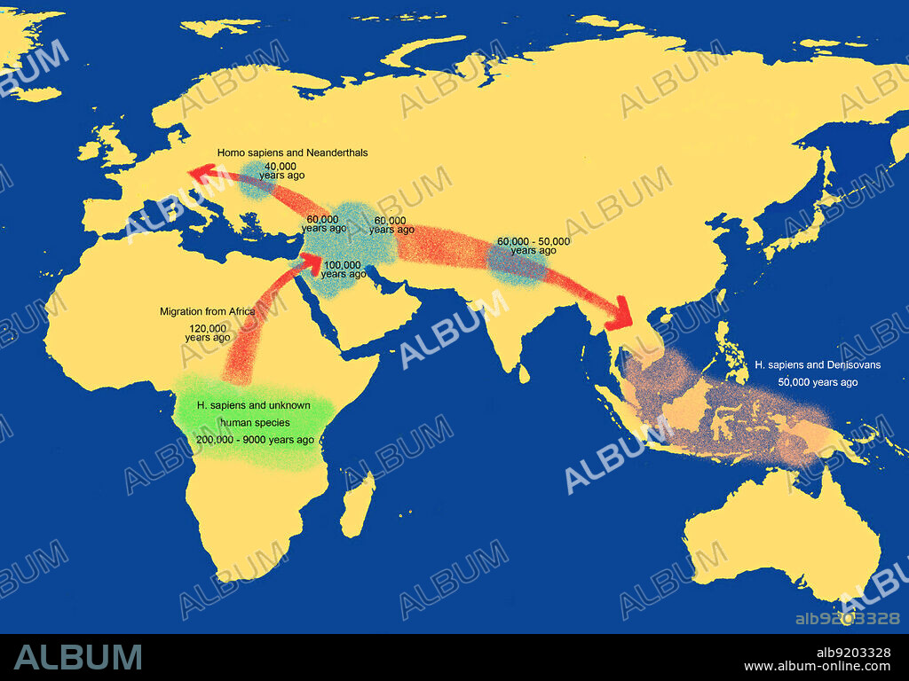 A map showing prehistoric human migration from Africa 120,00 years ago into the Middle East, Asia, Southeast Asia, and Europe.