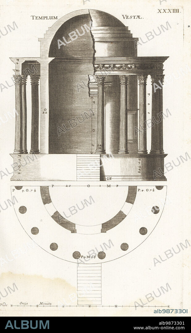 Elevation, section and plan of the Temple of Vesta or Aedes of Vesta, Rome, Italy. Templum Vestae. Copied from Andrea Palladio's Four Books of Architecture. Copperplate engraving by Johann Franck from Joachim von Sandrarts LAcademia Todesca, della Architectura, Scultura & Pittura, oder Teutsche Academie, der Edlen Bau- Bild- und Mahlerey-Kunste, German Academy of Architecture, Sculpture and Painting, Jacob von Sandrart, Nuremberg, 1675.