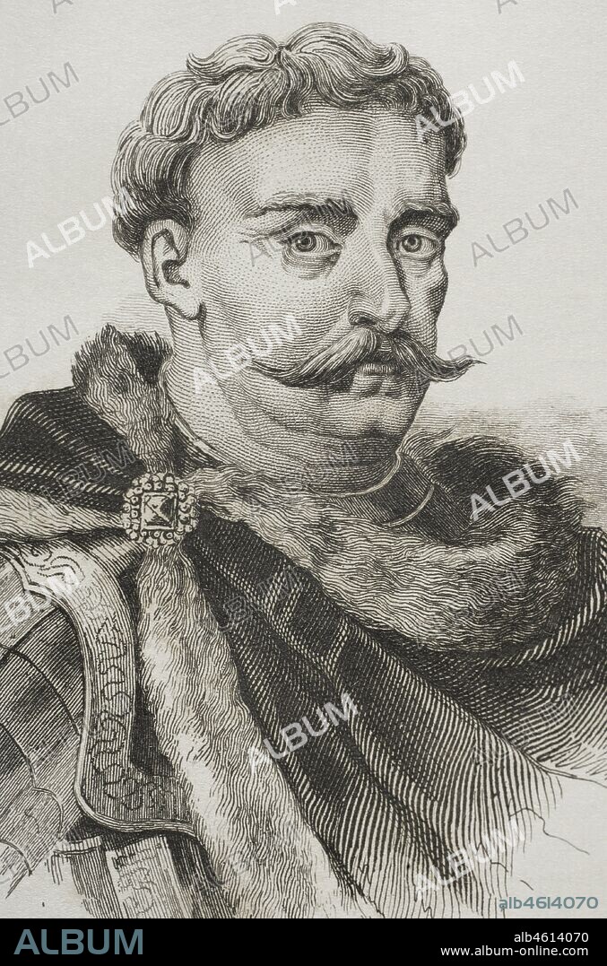 Juan III Sobieski (1629-1696). Rey de la Mancomunidad polaco-lituana. Rey de Polonia y Gran Duque de Lituania de 1674 a 1696. Retrato. Grabado por Lemaitre, Vernier y Lafon. Historia de Polonia, por Charles Foster. Panorama Universal, edición española de 1840.