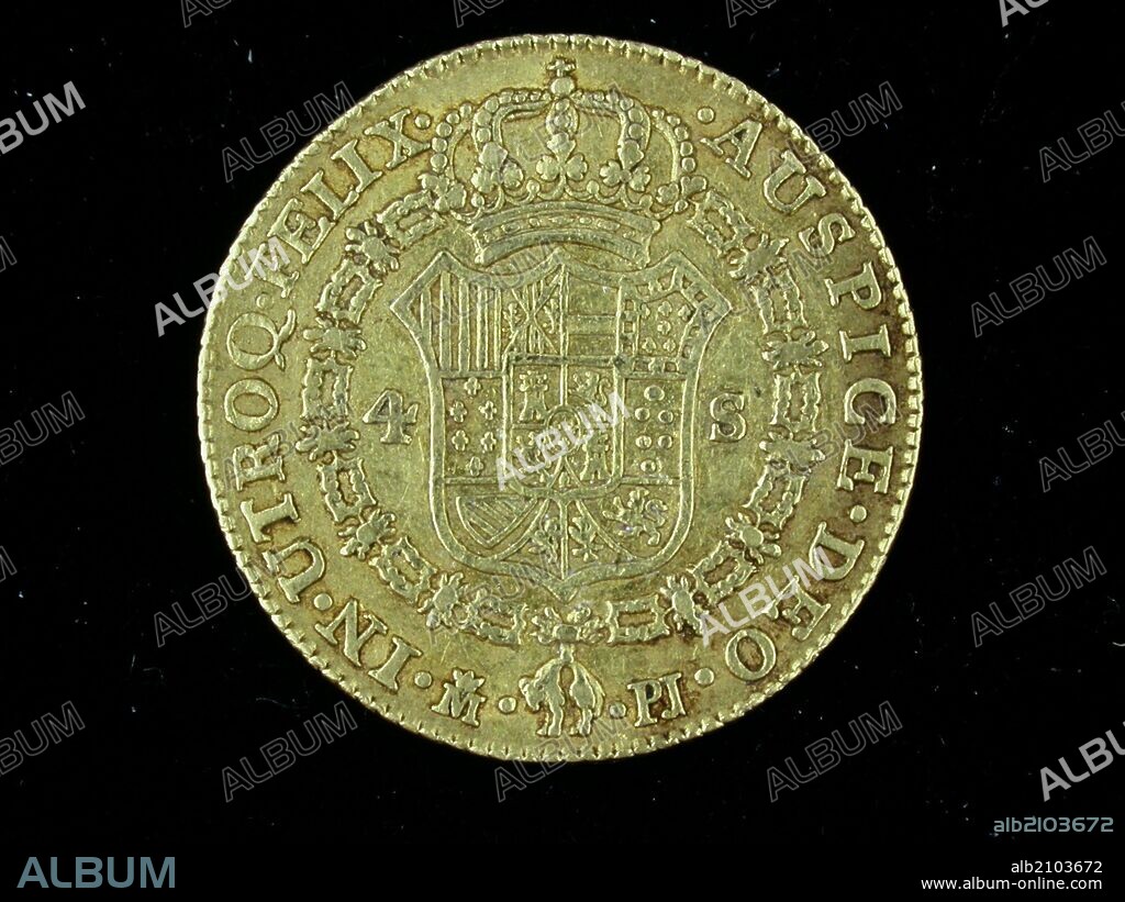 NUMISMATICA. MONEDA MODERNA. CUATRO ESCUDOS DE ORO, DE CARLOS III. REVERSO. ESCUDO CON LAS ARMAS ENTERAS DE ESPAÑA CON LA DE BORBON SOBREPUESTAS.1781. (DEPOSITO: MUSEO ARQUEOLOGICO NACIONAL).