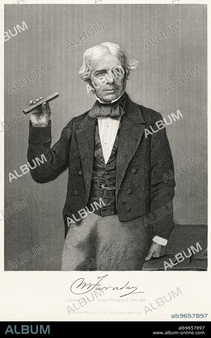 Michael Faraday (1791-1867), English Physicist and Chemist whose Experiments Contributed greatly to the Understanding of Electromagnetism, Three-Quarter Length Portrait, Steel Engraving, Portrait Gallery of Eminent Men and Women of Europe and America by Evert A. Duyckinck, Published by Henry J. Johnson, Johnson, Wilson & Company, New York, 1873.