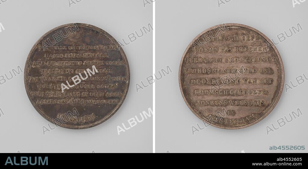 Willem Joseph, Baron van Brienen, raining fifty years of the Roman Catholic orphanage in Amsterdam, Silver Medal Front: inscription. Reverse: inscription, Amsterdam, Willem Joseph baron van Brienen of the Groote Lindt, anonymous, Netherlands, 1836, silver (metal), striking (metalworking), d 4.2 cm × w 26.65 gr.