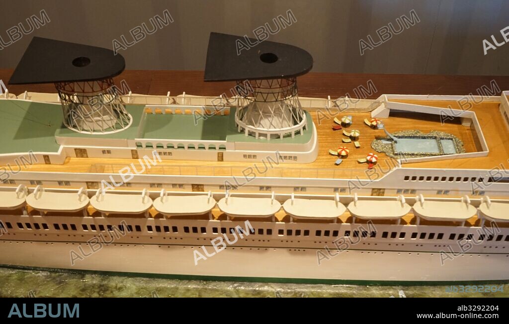 Model of the SS Michelangelo; an Italian ocean liner built in 1965 for Italian Line by Ansaldo Shipyards, Genoa. She was one of the last ships to be built primarily for liner service across the North Atlantic.