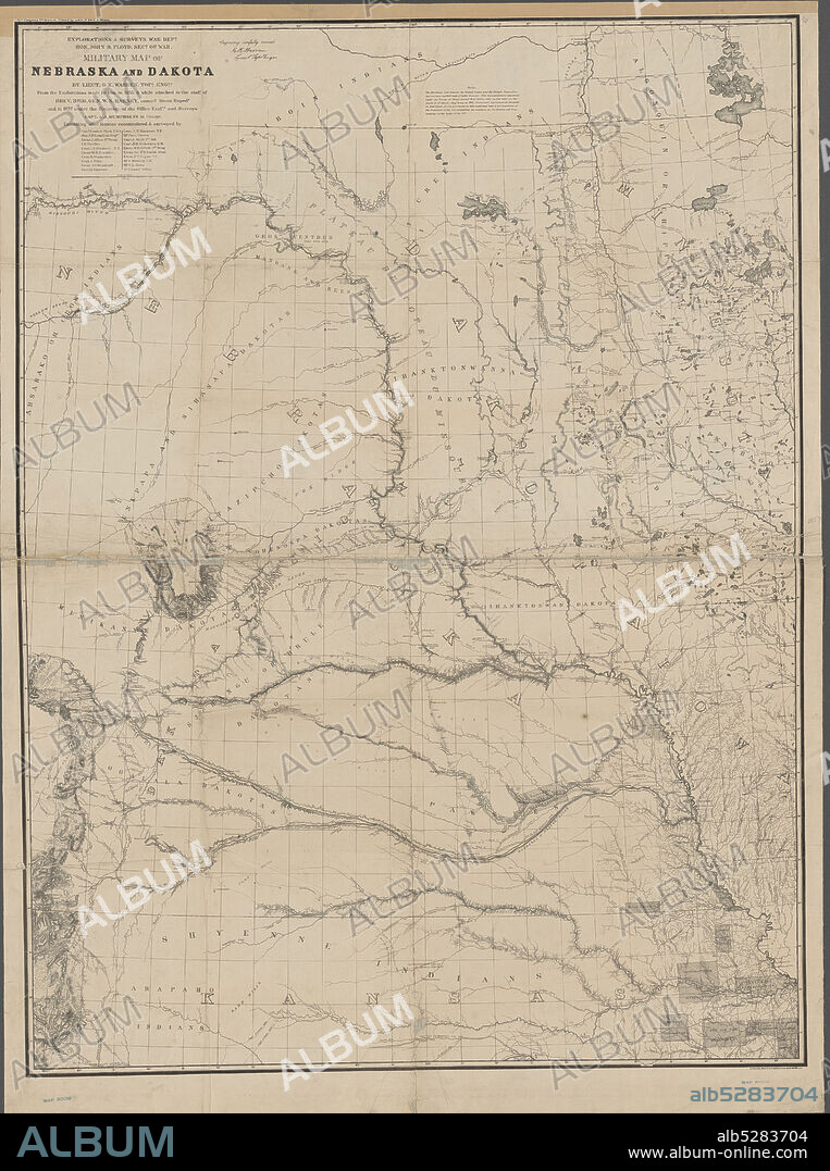 Military map of Nebraska and Dakota , cartographic, Maps, 1857, Warren, G. K. (Gouverneur Kemble), 1830-1882, Floyd, John B. (John Buchanan), 1806-1863, Harney, William S. (William Selby), 1800-1889, Humphreys, A. A. (Andrew Atkinson), 1810-1883, Lewis, Meriwether, 1774-1809, Clark, William, 1770-1838, Peters, N. (Norris).
