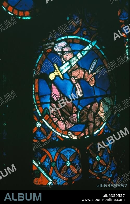 Paris (Frankreich), Kathedrale Notre-Dame. (1163 begonnen; Chor und Querschiff 1182 geweiht; Langhaus Anfang 13. Jh.; Westfassade bis 1245). Detail der Fensterrose der Fassade: ein Hase folgt einem Mann (Allegorie der Feigheit?). Glasmalerei, 13. Jh.