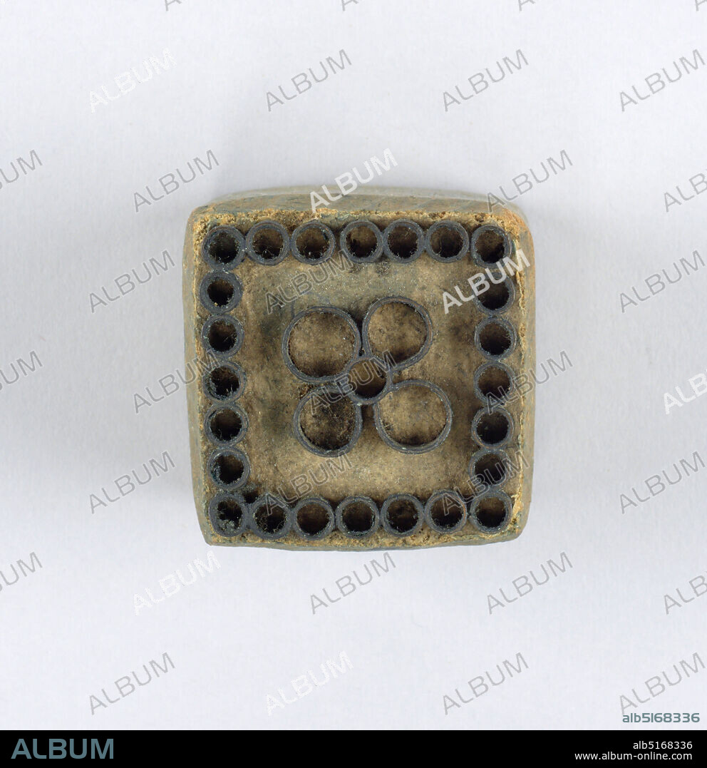 Printing block, Medium: wood, copper, brass, One of twenty-one wood blocks showing a different floral motif formed by metal strips set in wood., USA, 182550, appliances & tools, Printing block.