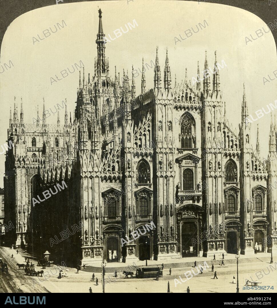 'Milan's Cathedral, one of the finest temples on earth, Italy', c1909. Milan Cathedral took nearly six centuries to complete, buildng began in 1387 and was led by Simone da Orsenigo. To be viewed on a Sun Sculpture stereoscope made by Underwood & Underwood. [The Rose Stereograph Company, Melbourne, Sydney, Wellington & London, c1909].