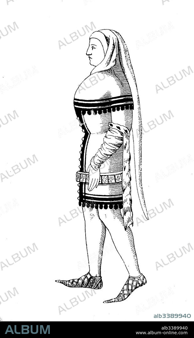 Noble men's costume with Gugel, A gugel was a type of hood with a trailing point, popularly worn in medieval Germany, and hanging belt, france, ca 1365, History of fashion, costume story.