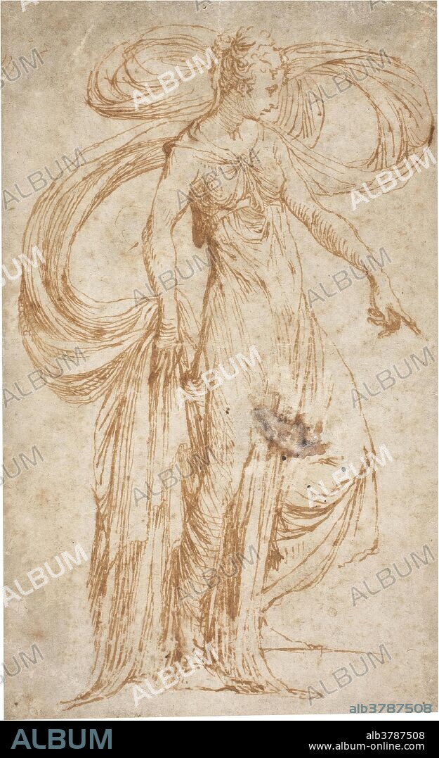 Parmigianino. Girolamo Francesco Maria Mazzola (Atribuido a) / 'Circe'. Primera mitad del siglo XVI. Pluma, Tinta parda sobre papel amarillento, 125 x 75 mm.