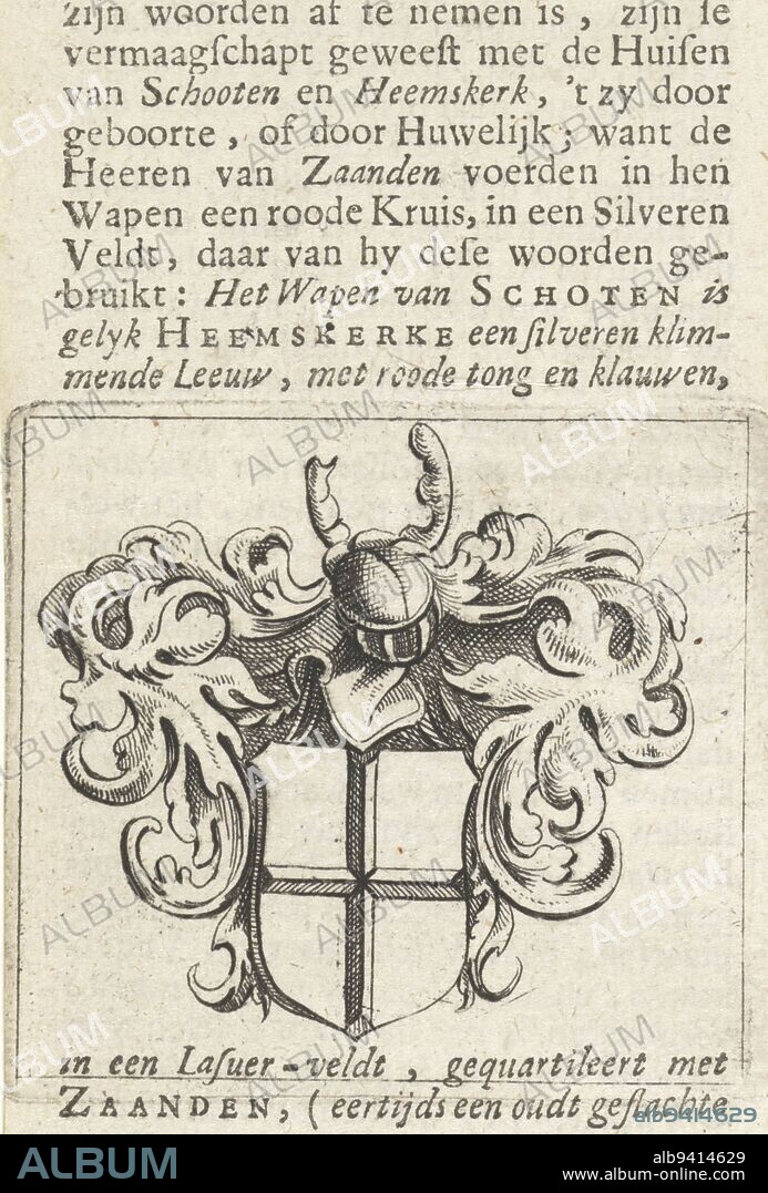 Coat of arms of the Van Zaenden family (Zaanen): a red cross in a silver field. Above and below the print text in letterpress, Coat of arms of the Van Zaanden family., print maker: Hendrik Jacobsz Soeteboom, Zaandam, 1658, paper, etching, engraving, letterpress printing, h 59 mm × w 66 mm, h 131 mm × w 70 cm.