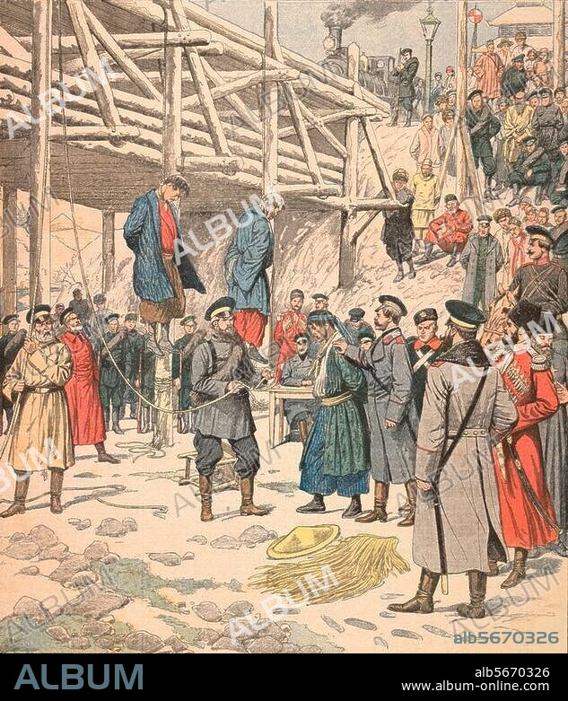 Russo-Japanese War 1904/05. "Les evenements d'Extreme-Orient / Execution d'espions japonais par les soldats russes". (Execution of Japanese spies by the Russians). Col. print. From: Le Petit Journal, Supplement illustre, 15, Paris, 13 March 1904. Berlin, Sammlung Archiv für Kunst und Geschichte.