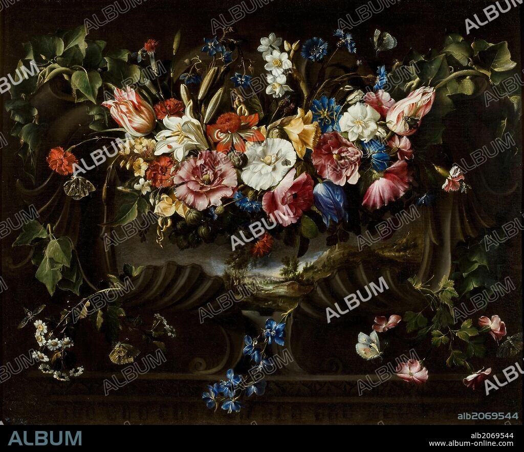 Juan de Arellano / 'Garland of Flowers with Landscape', 1652, Spanish School, Oil on canvas, 58 cm x 73 cm, P02507.