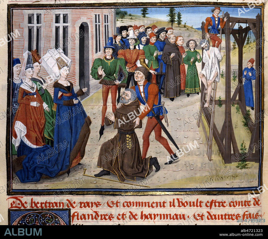Comment BERTRAND DE RAYS voulut etre Comte de Flandres et d'Hainaut: En 1225, des nobles qui voulaient spolier Jeanne de Flandres, fille de Baudoin 1er, disparu a Constantinople pendant la croisade, trouvent un vieillard qu'ils essaient de faire passer pour son pere: sur l'image il est a genoux devant Jeanne de Flandres a gauche, il est ensuite pendu sur le gibet a droite de l'image, la machination ayant ete dejouee. JEANNE de Flandre vient a bout de la revolte populaire accompagnant ce fait, qu'avec l'aide du roi LOUIS VIII. Enluminure par Loyset LIEDET tiree de la Chronique des Empereurs par David AUBERT, vers 1460. Manuscrit medieval conserve a la bibliotheque de l'Arsenal. Ms 5090 f°320. Credit : Collection JEAN VIGNE / KHARBINE-TAPABOR.